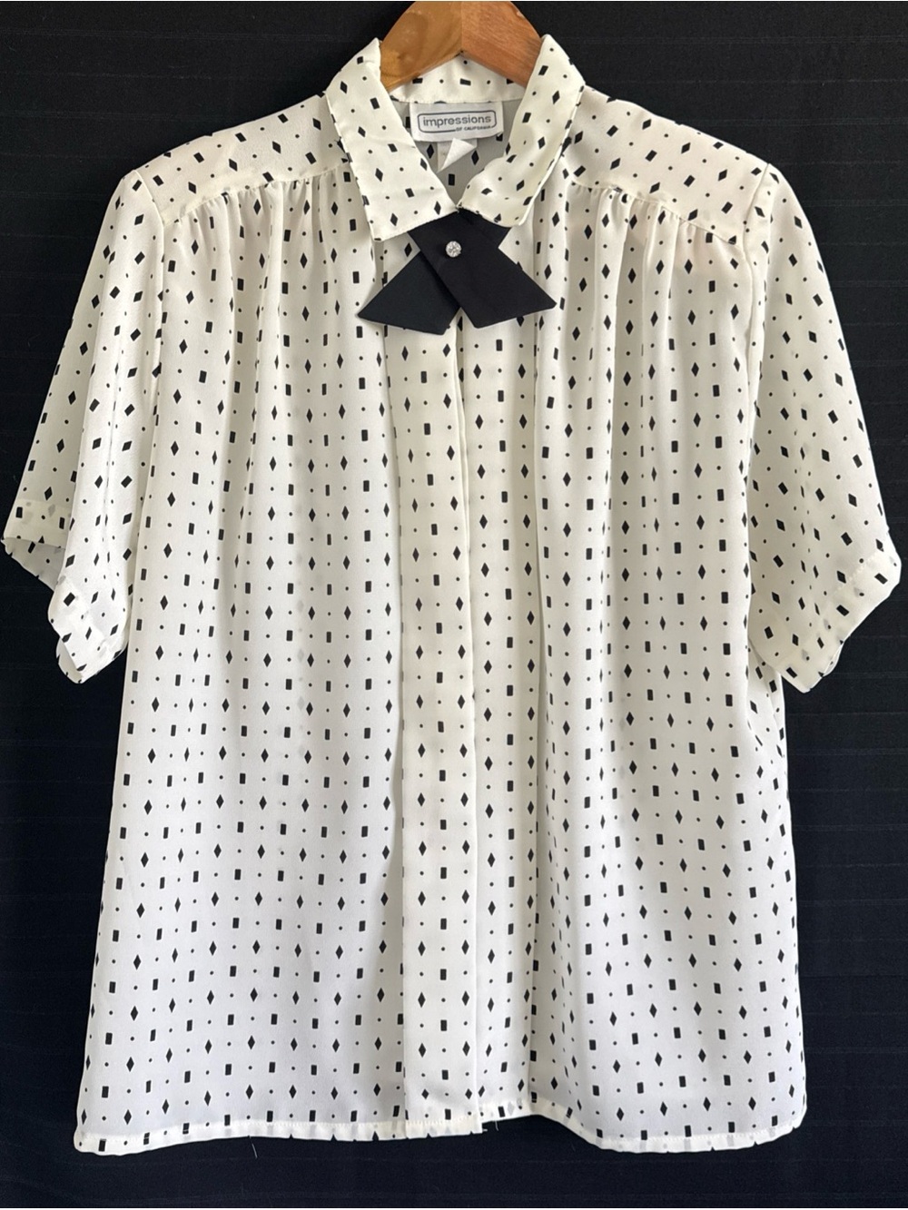 Impressions of California Vintage Ivory Black Diamonds Blouse 12 Cross Tie